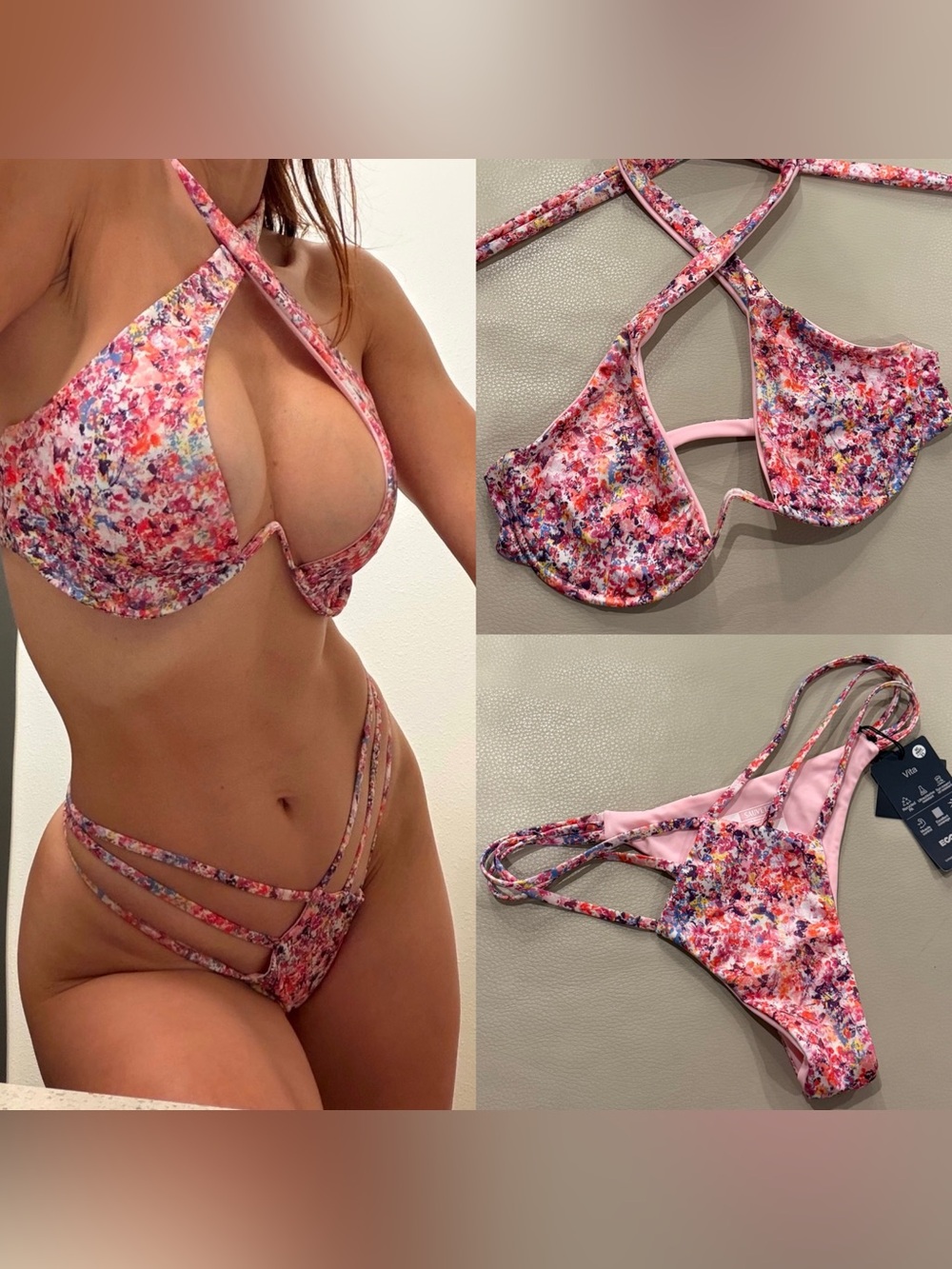 REVOLVE Sauvette Floral Pink Multi-Color Strappy Bikini Set NWT LARGE